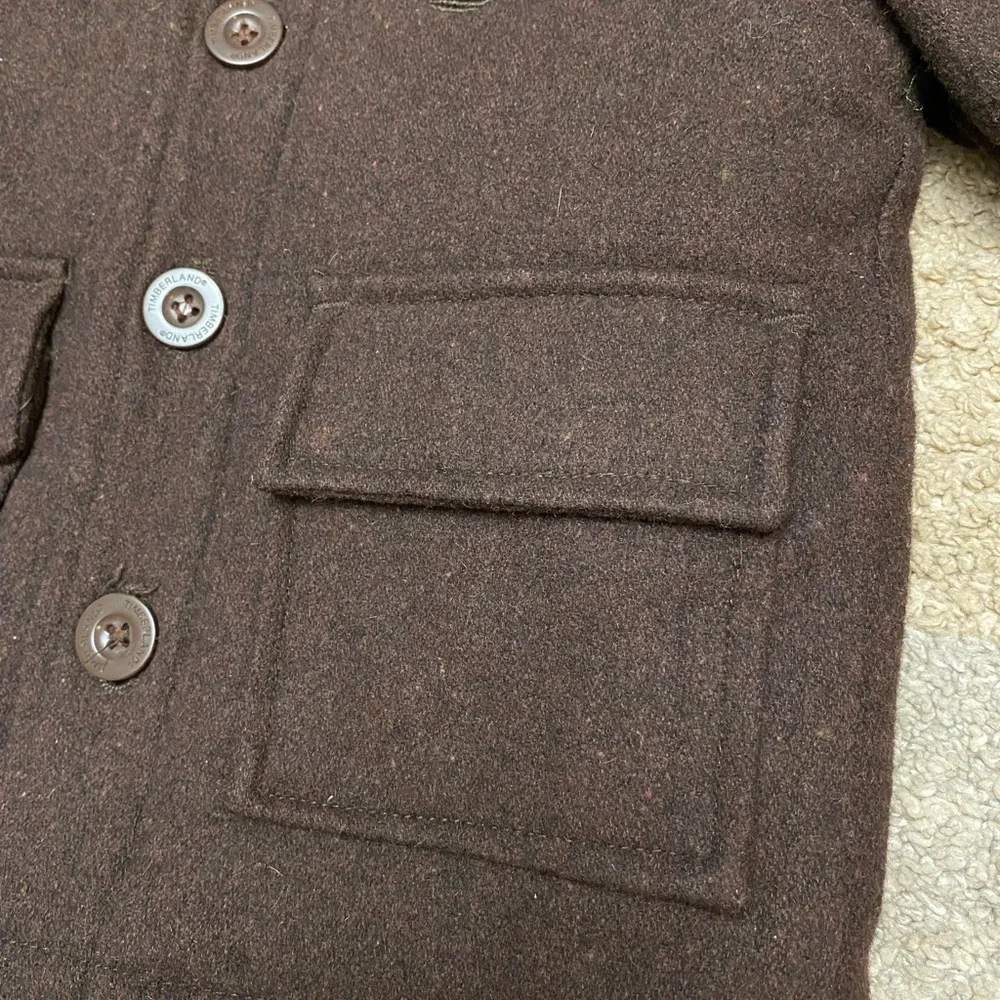 TIMBERLAND chocolate brown wool blend button down hooded coat size 12 month